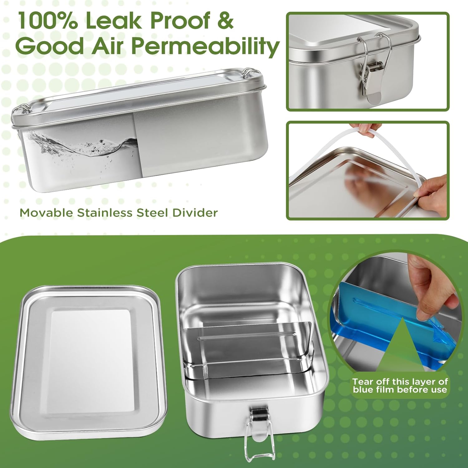 Pack of 4 304 Steel Bento Boxes, with Stainless Steel Lunch Box in Volumes 1400/850/550/550 ml, Leak-proof and Stackable Steel Lunch Box Stainless Steel for Soup, Salad and Leftover Meals – Bild 3