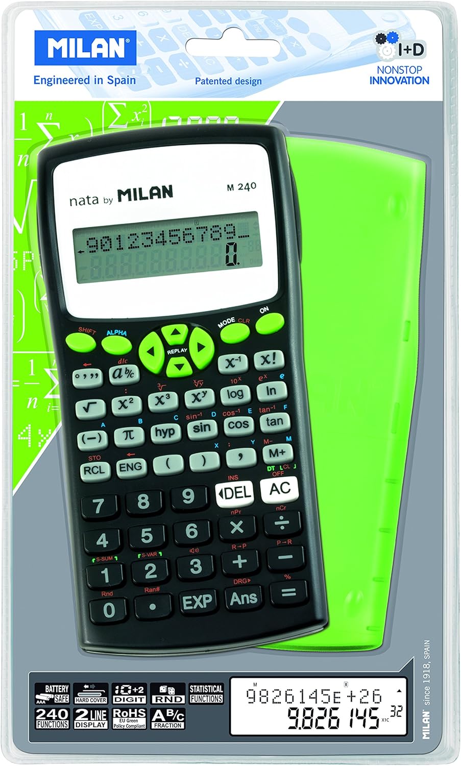 Milan 159110GRBL - Scientific calculator, 240 functions, black color with green cover – Bild 2