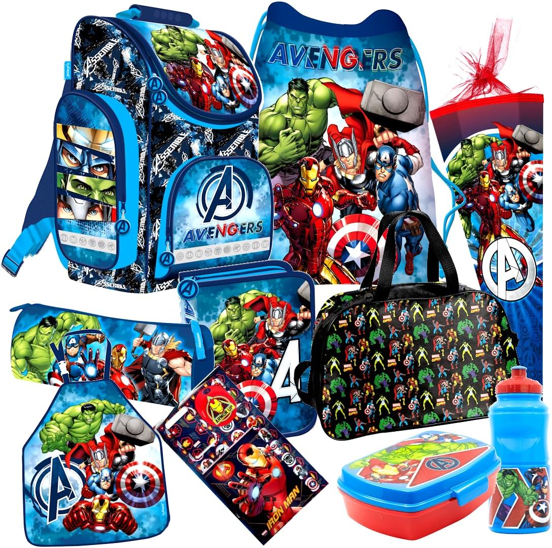 Avengers 10-Piece Set School Bag Satchel Pencil Case Satchel School Cone 85 cm with Stickers Kids4shop, blue, Cartoon