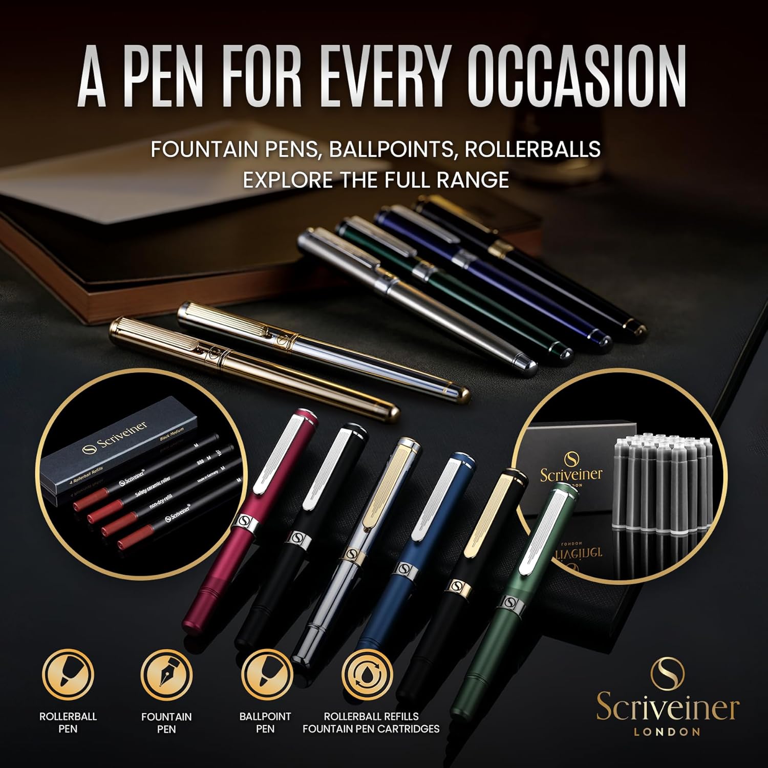 Scriveiner Fountain Pen, British Racing Green, Chrome Finish, Medium Schmidt Nib, Writing Gift Set for Men and Women, Professionals, Boss, Office, Beautiful Writing Instrument – Bild 6