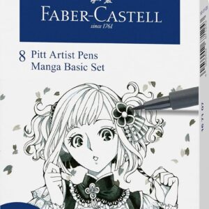 Faber-Castell 167107 Ink Pen Set, Case with 8 Pens, Fine Tips and Brush Tips in Black and Grey Tones, Suitable for Precise Drawing and Creative Manga Artworks