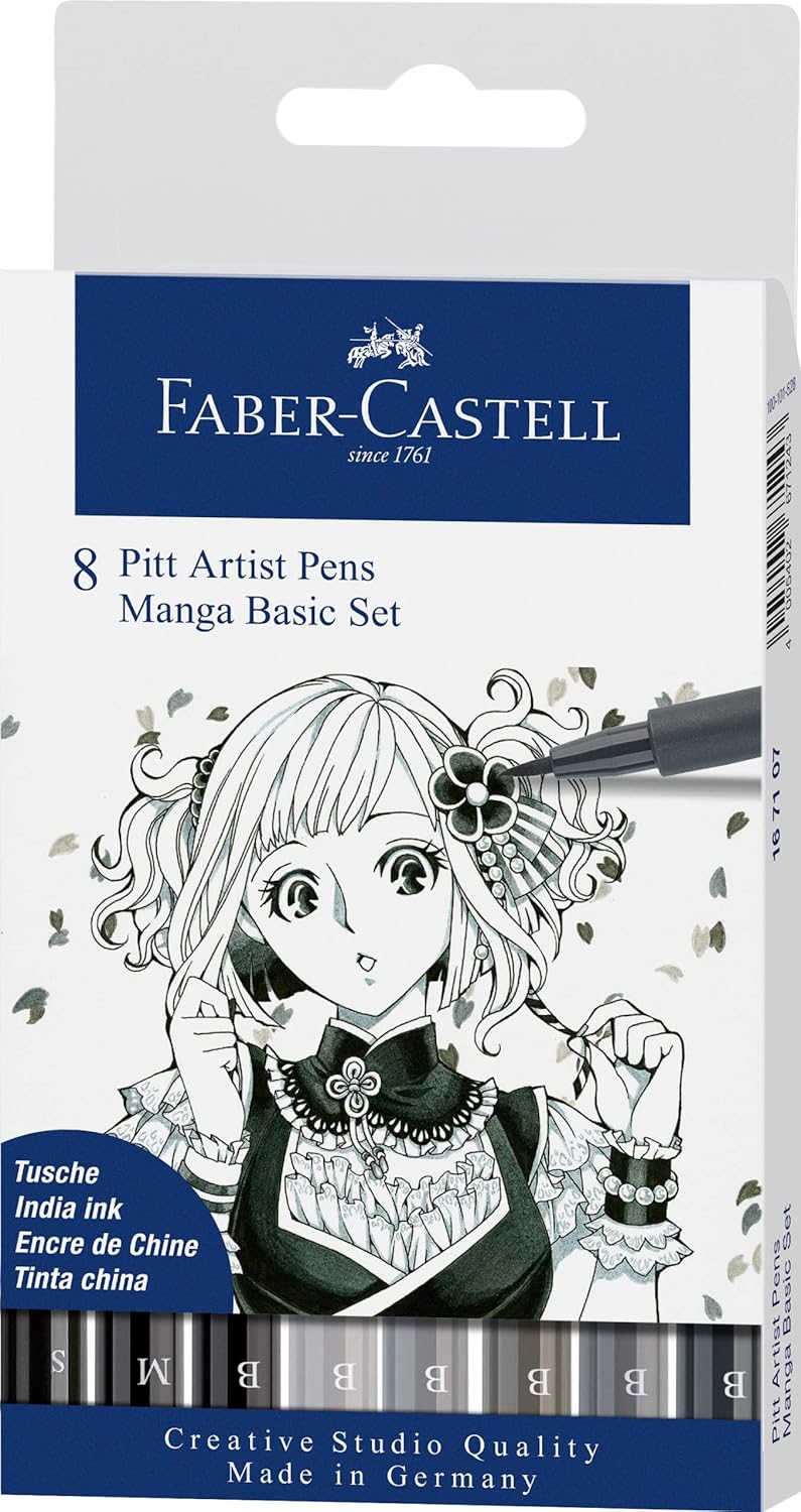 Faber-Castell 167107 Ink Pen Set, Case with 8 Pens, Fine Tips and Brush Tips in Black and Grey Tones, Suitable for Precise Drawing and Creative Manga Artworks