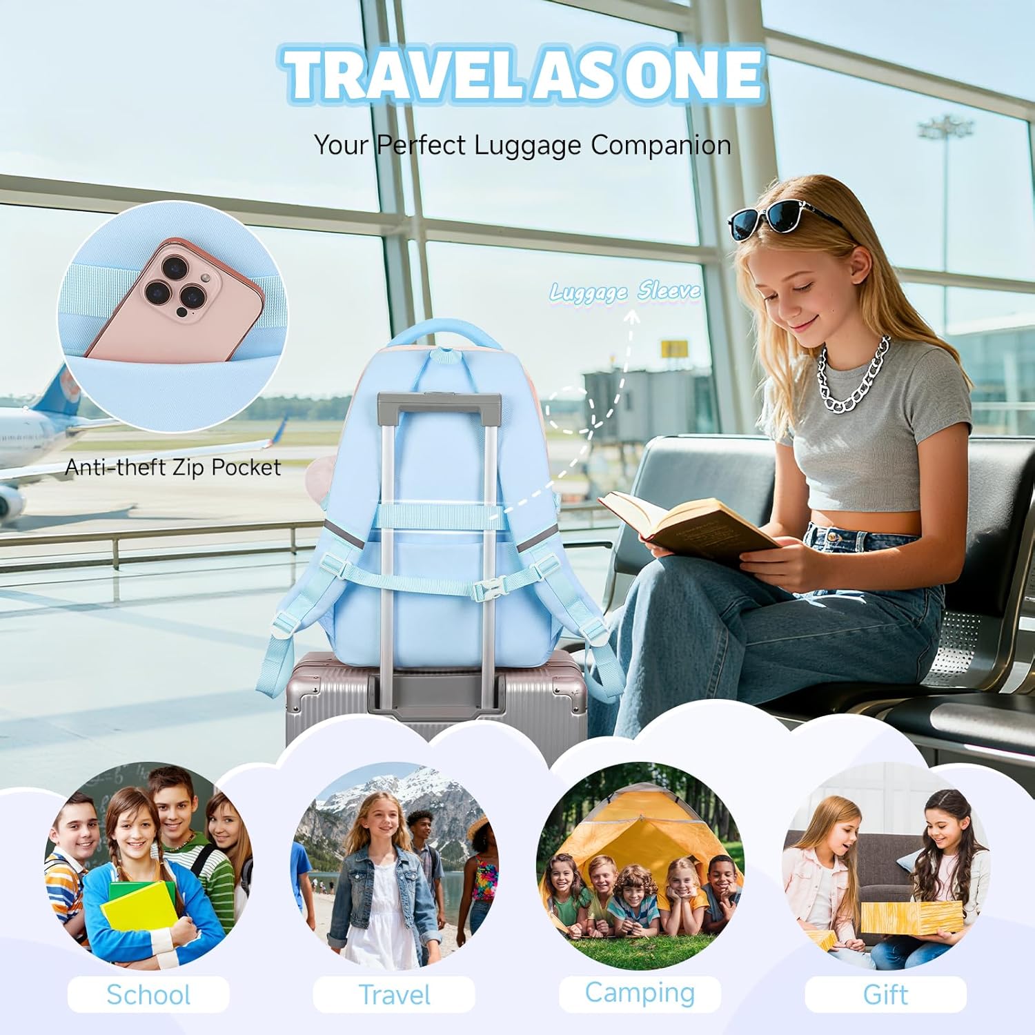 School Backpack Girls, Teenager Backpack with Pompom, Trolley Loop and Reflectors, Large School Bag for Girls 3rd - 7th Grade Water Resistant for School and Travel – Bild 7