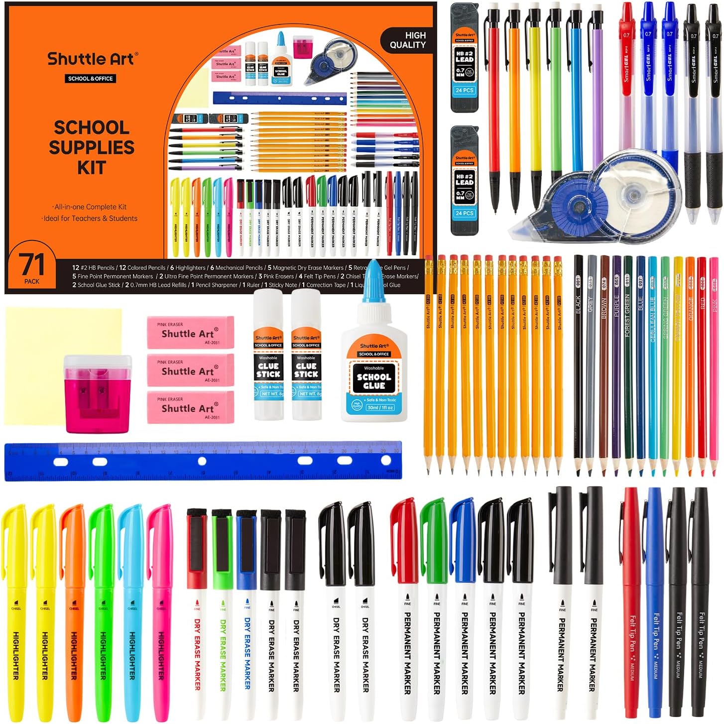Shuttle Art 71-piece school supplies set, school supplies box for back to school, school enrolment, colouring pens, stationery for children and students, pencils, pens, markers, erasers, notebooks, folders