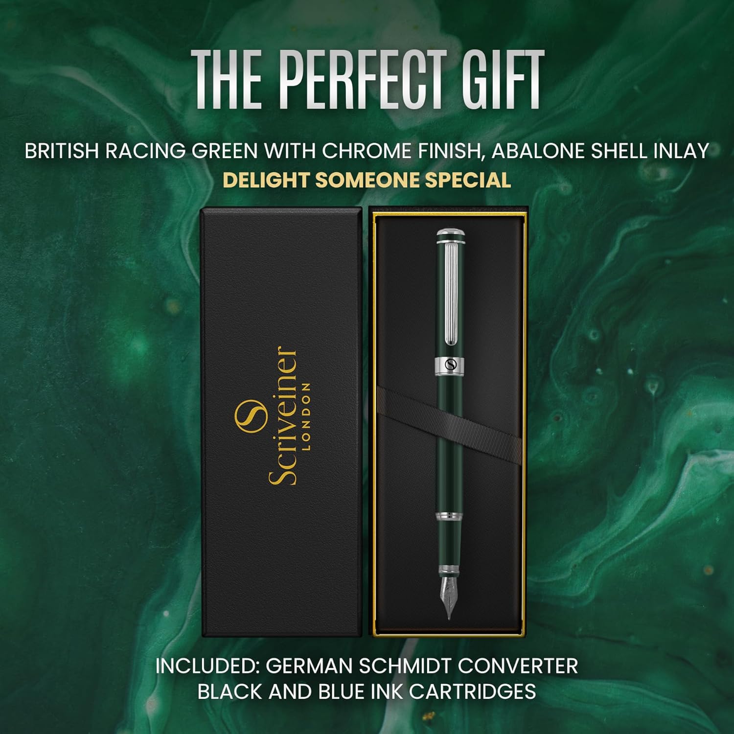 Scriveiner Fountain Pen, British Racing Green, Chrome Finish, Medium Schmidt Nib, Writing Gift Set for Men and Women, Professionals, Boss, Office, Beautiful Writing Instrument – Bild 8