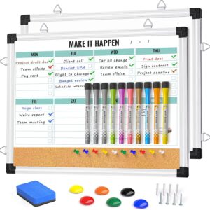 Weekly Calendar Whiteboard and Cork Board Combo for Wall 17″ x 13″ Reversible Dry Erase Double Sided Whiteboard with Aluminum Frame for Planning Office Kitchen School