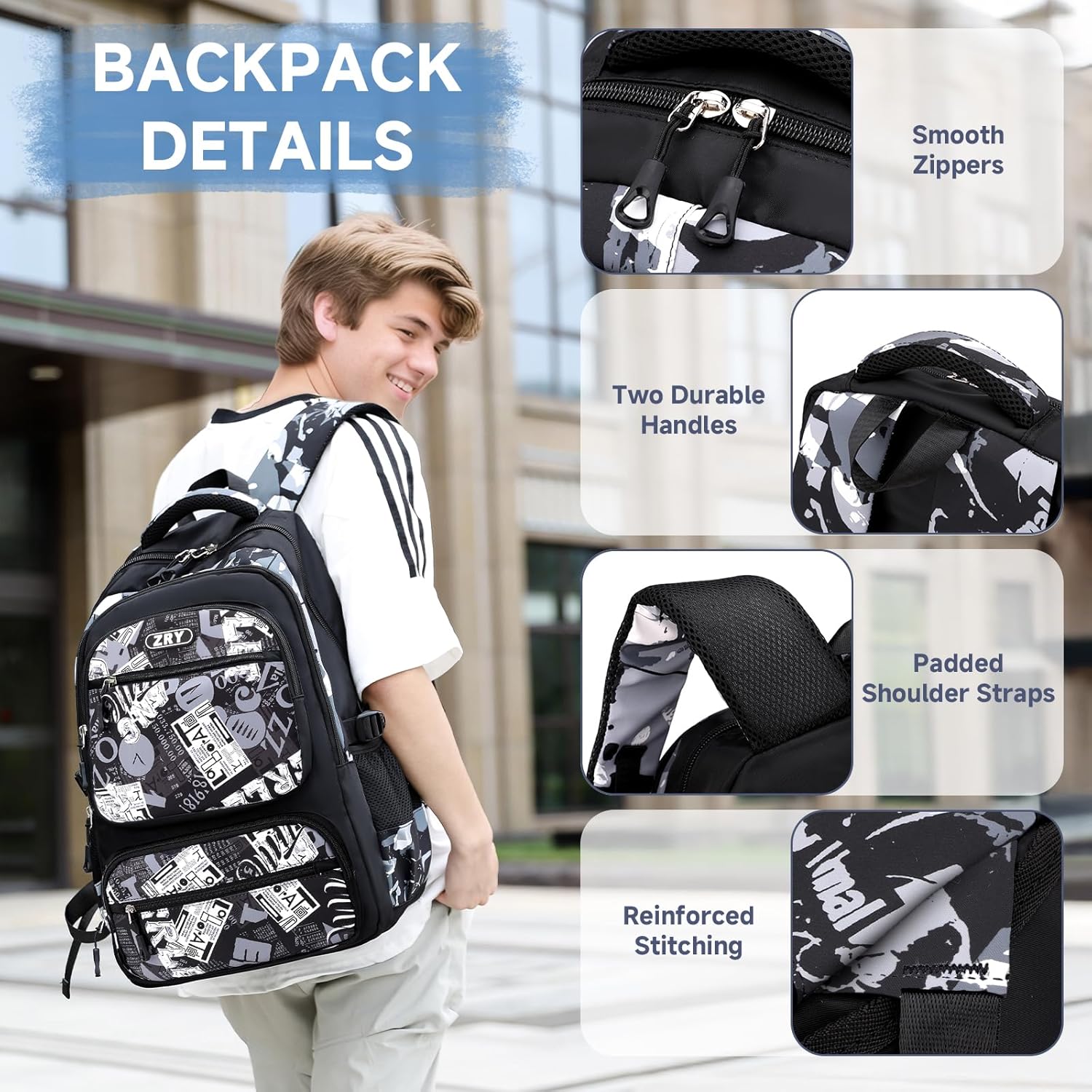 Backpack Teenager Boys School Backpack - 40L School Bag for Primary School 5+, Real School & University, Fashionable Daypack for Travel, Casual 16 Inch Laptop Backpack Men, Black, Letter – Bild 3