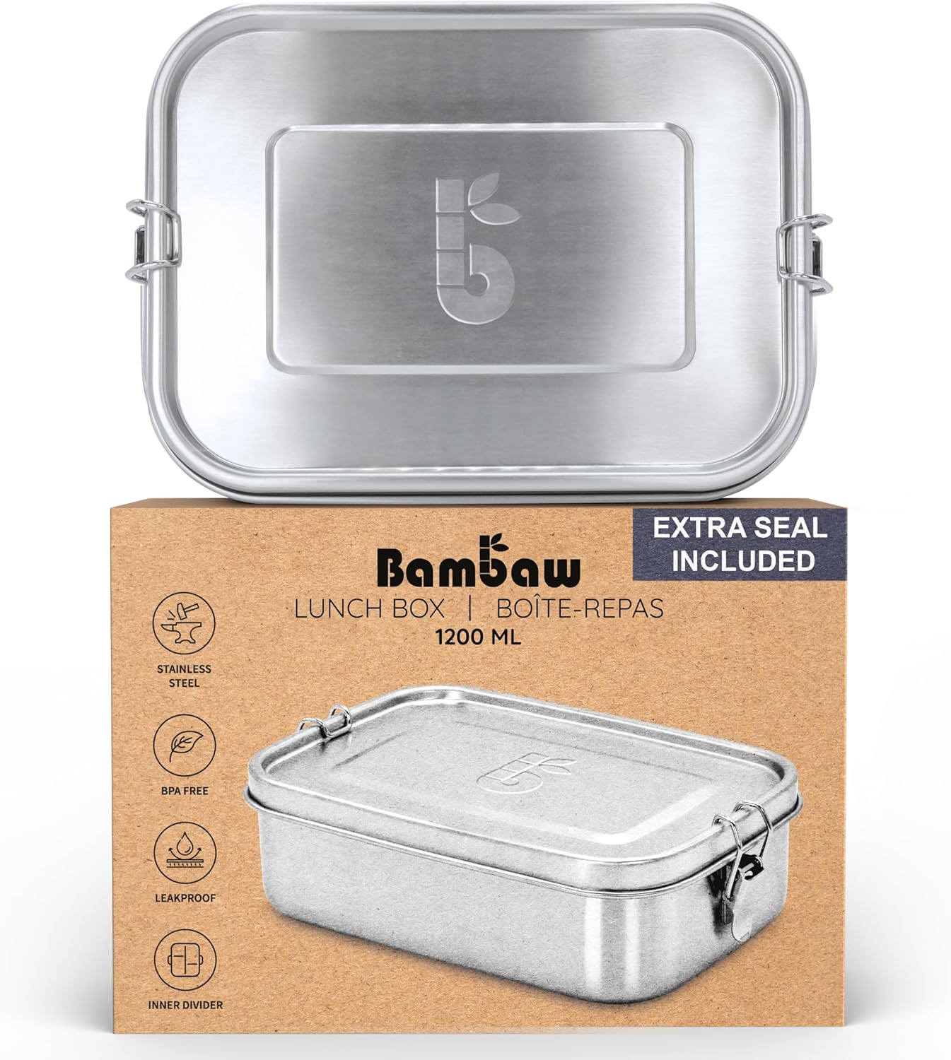 Bambaw Stainless Steel Lunch Box, 1200 ml, Bento BPA Free, Airtight Lunch Box, Bento with Compartments, Waterproof Stainless Steel Lunch Box, 1200 ml