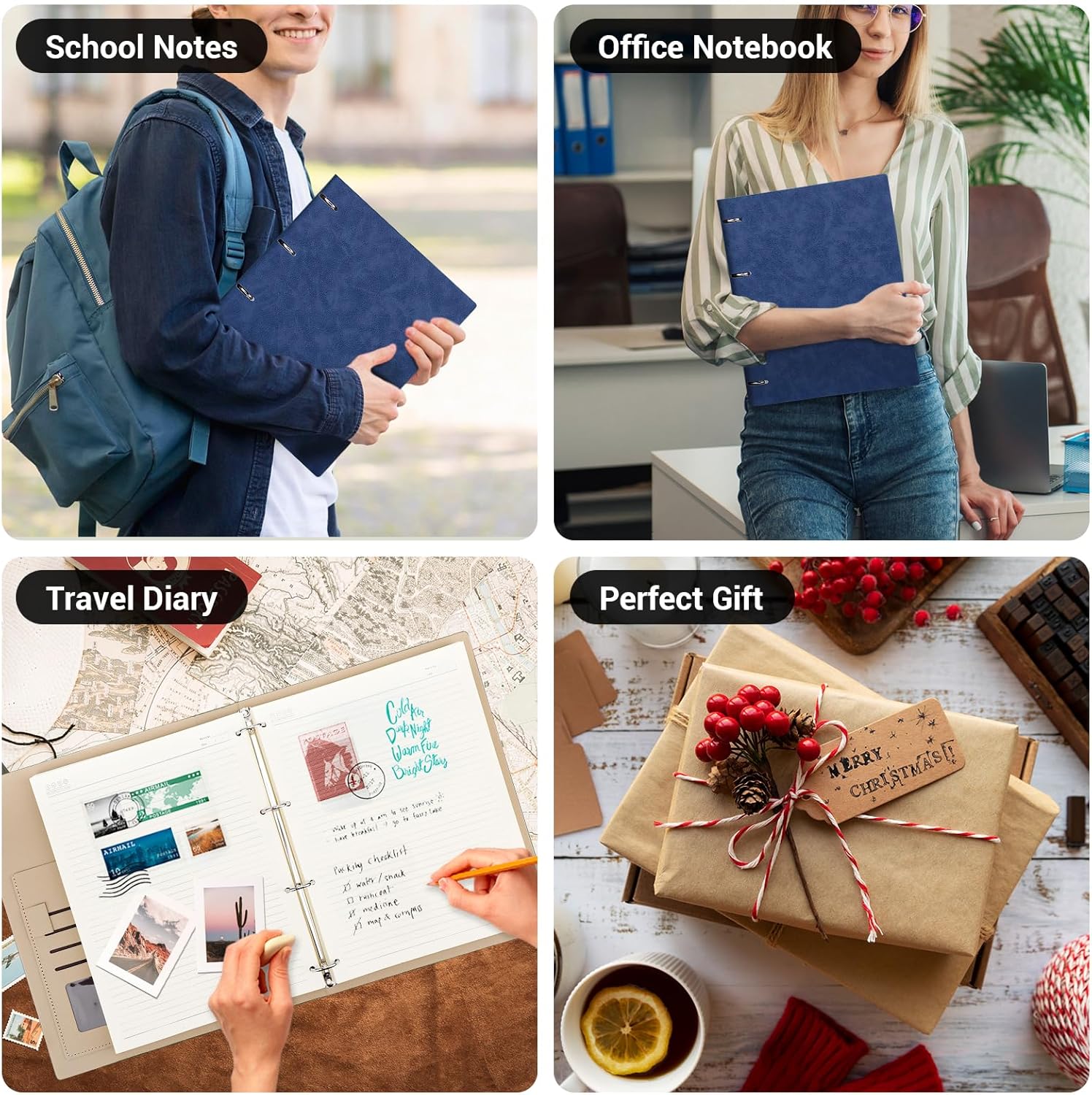 Ring Binder Notizbuch A4 Liniert - Spiralblock Nachfüllbar 21.5x28cm - 100g/m² Liniert Tagebuch Notebook A4 - PU Leder Notizblock A4-150 Blatt Dunkelblau Notizheft Reisetagebuch – Bild 7