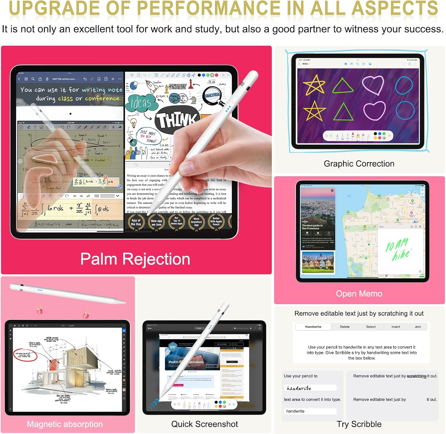Pencil 1st Generation for iPad 2018-2025, 20 Mins with USB C Quick Charge & Tilt & Magnetic Suction, Stylus Pen for iPad 11-6 Gen, Air 3-5/M2/M3, Mini 5-6, Pro 11"/12.9"/13''M4 (White) – Bild 5