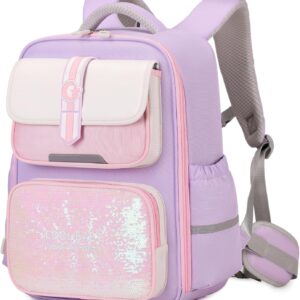 School Backpack Girls Boys Ergonomic 1-4th Class with Chest Strap, 2025 Backpack School Children 6-10 Years School Bag with Removable Belt and Reflective -6171, purple, M, Rucksack Backpacks