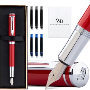 Wordsworth and Black Fountain Pen Mini EDC Red Pocket Pen, Chrome, Medium Nib, 6 Ink Cartridges, Ink Converter, Refillable Pen Gift Set, Men & Women