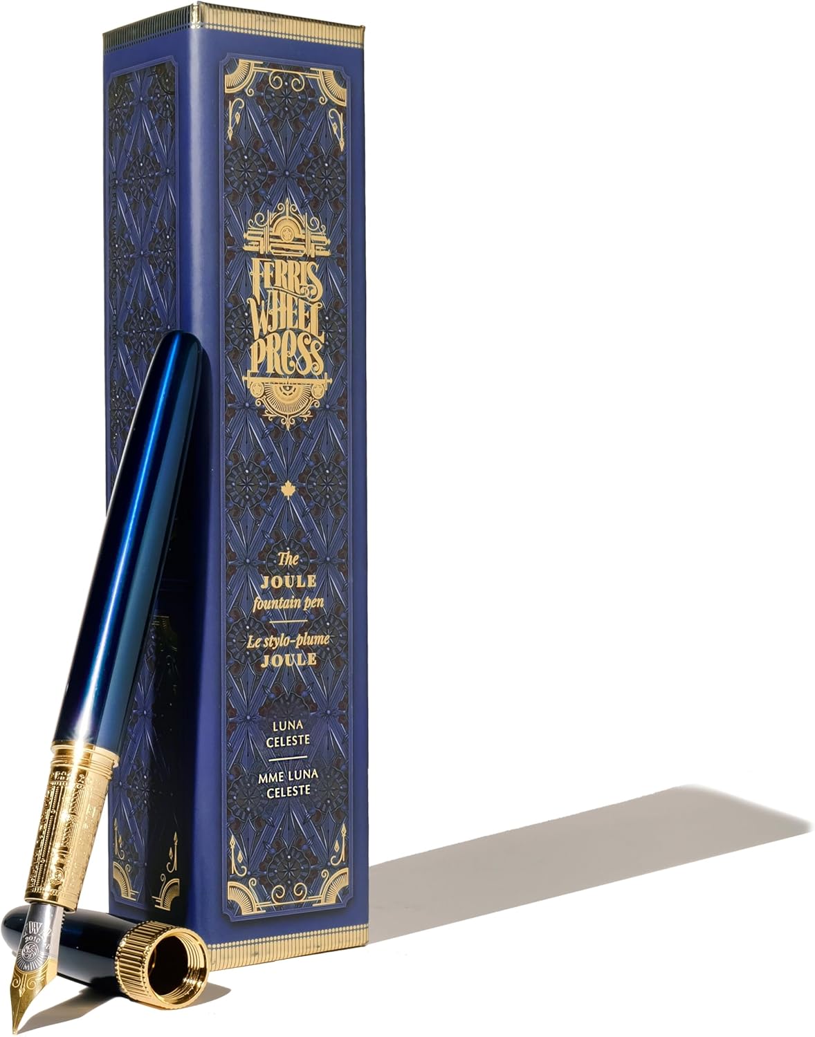 Ferris Wheel Press Joule Fountain Pen Luna Celeste Double Gold Plated, Sapphire Lacquer Finish Two-Tone Steel Nib Leather Sleeve/Medium
