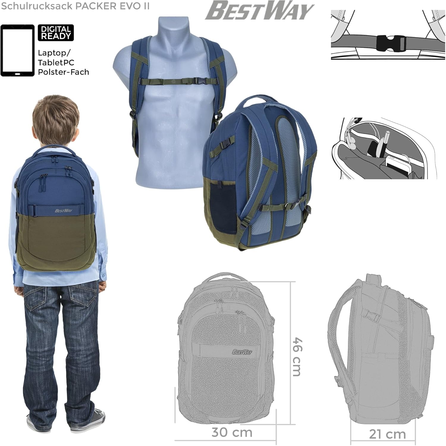 Bestway School Backpack Boys Girls 3-Piece Set Evolution Packer Evo School Folder Backpack School Bag Bag 40177 Sports Bag Pencil Case +rsm, Color Block Olive Blue 0626 – Bild 8
