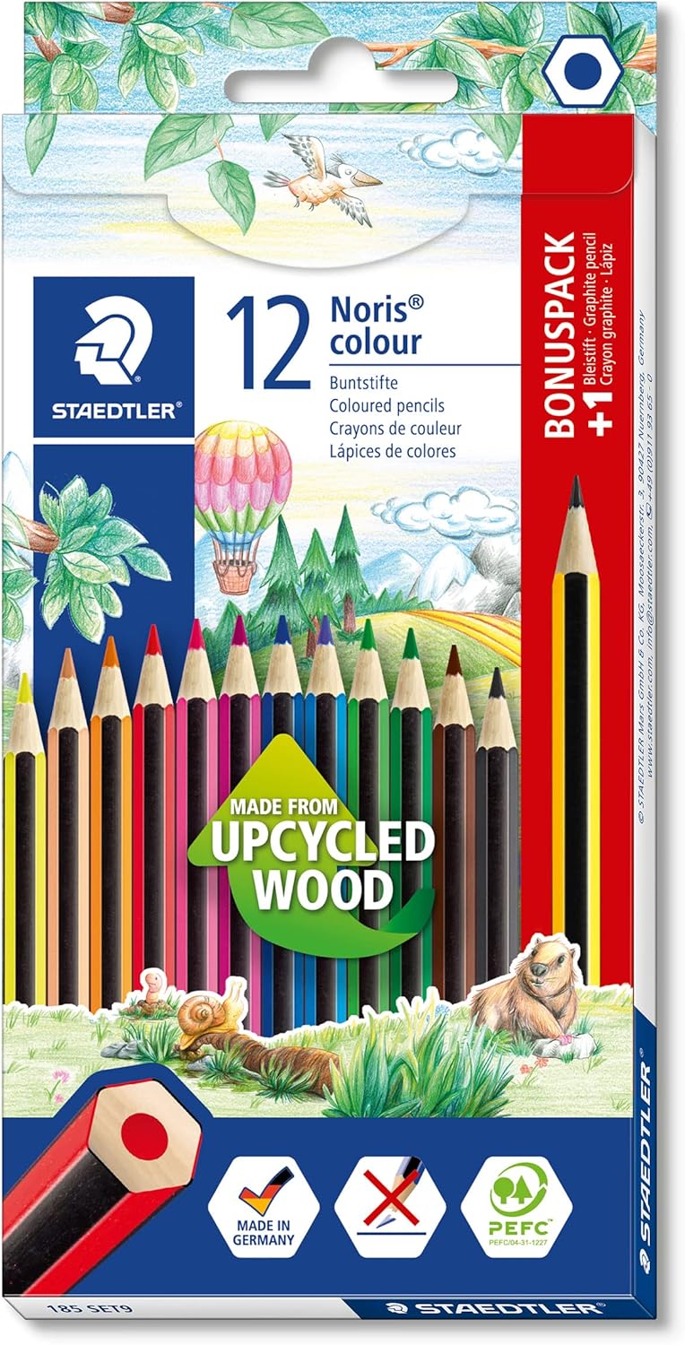 STAEDTLER Noris Colour Colouring Pencils, Non-Slip Soft Surface, High Break Resistance, Made from Upcycled Wood, Intense Colours, Hexagonal Format, 12 Colouring Pencils + 1 Colouring Pencil in Cardboard Case, 185 SET9