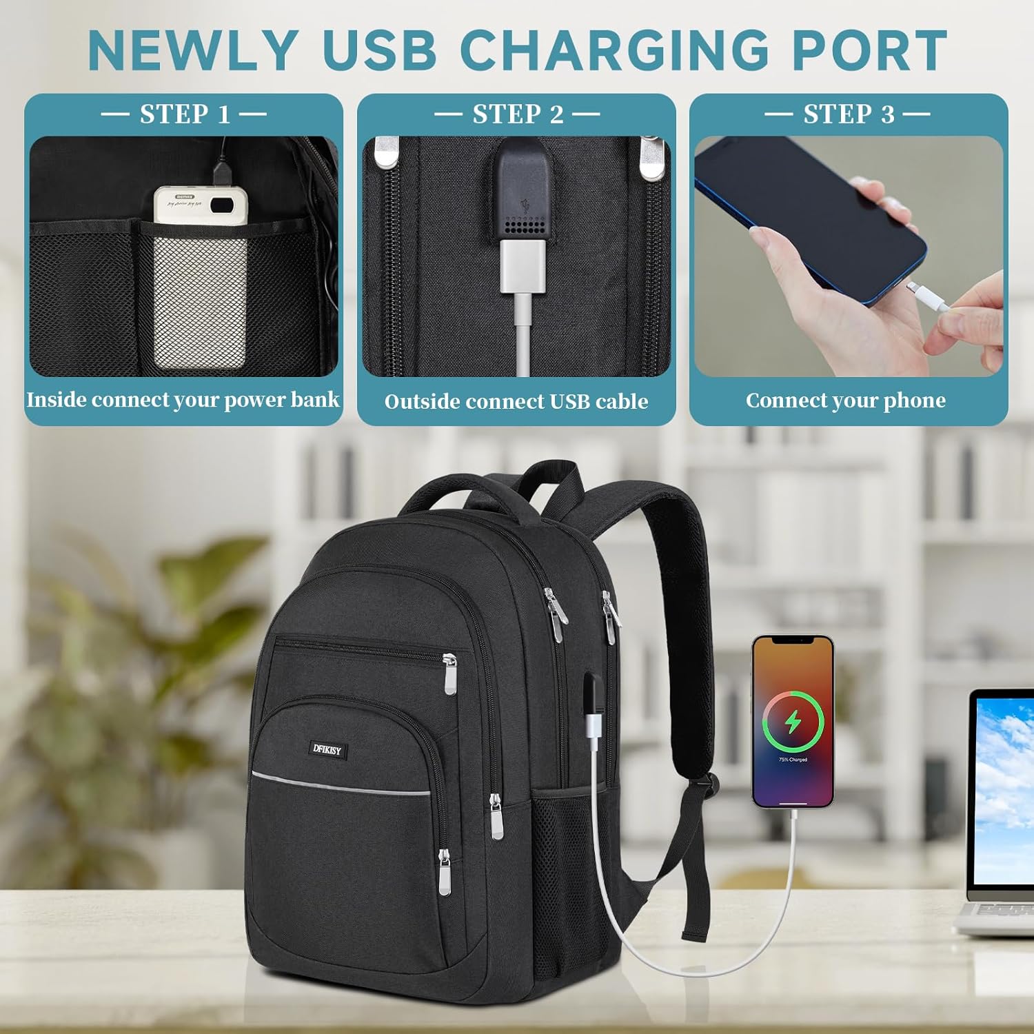 Large Backpack Men's Laptop Backpack Waterproof 17.3 Inch School Backpack Laptop Bag with USB Charging Port Anti Theft Business Work Travel Backpack for Teenagers Boys Men (Black) – Bild 5