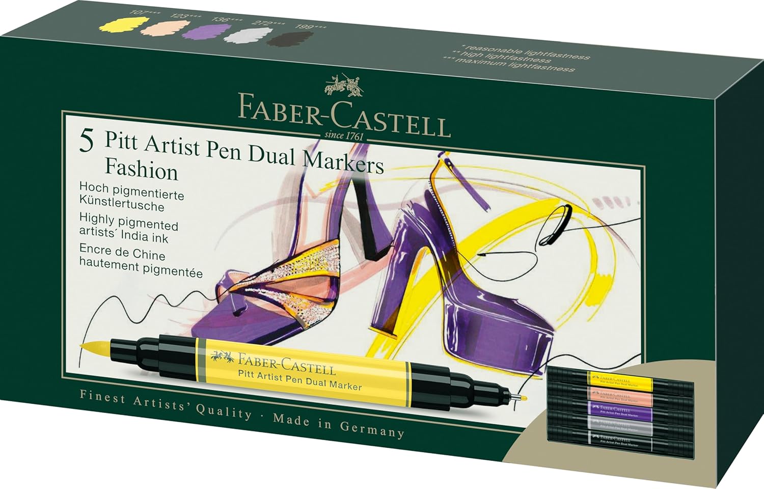 Faber-Castell 162006 Pitt Artist Pen Dual Ink Pens, 5 Markers with Two Tips, Brush Tip and Fibre Tip, Felt Tip Set Fashion