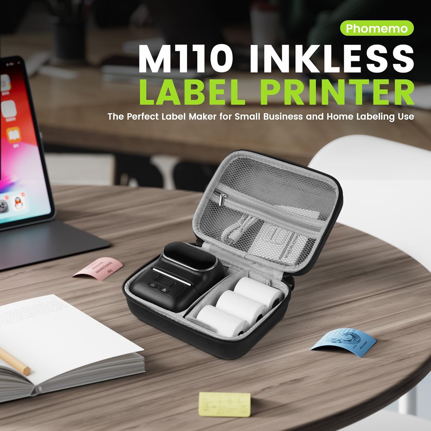 Phomemo M110 Label Printer, Bluetooth Label Maker Set, Portable Labeling Device for Small Business, Home, School, Thermal Label Maker with 3 Rolls of Labels and 1 Portable Bag, Black – Bild 2