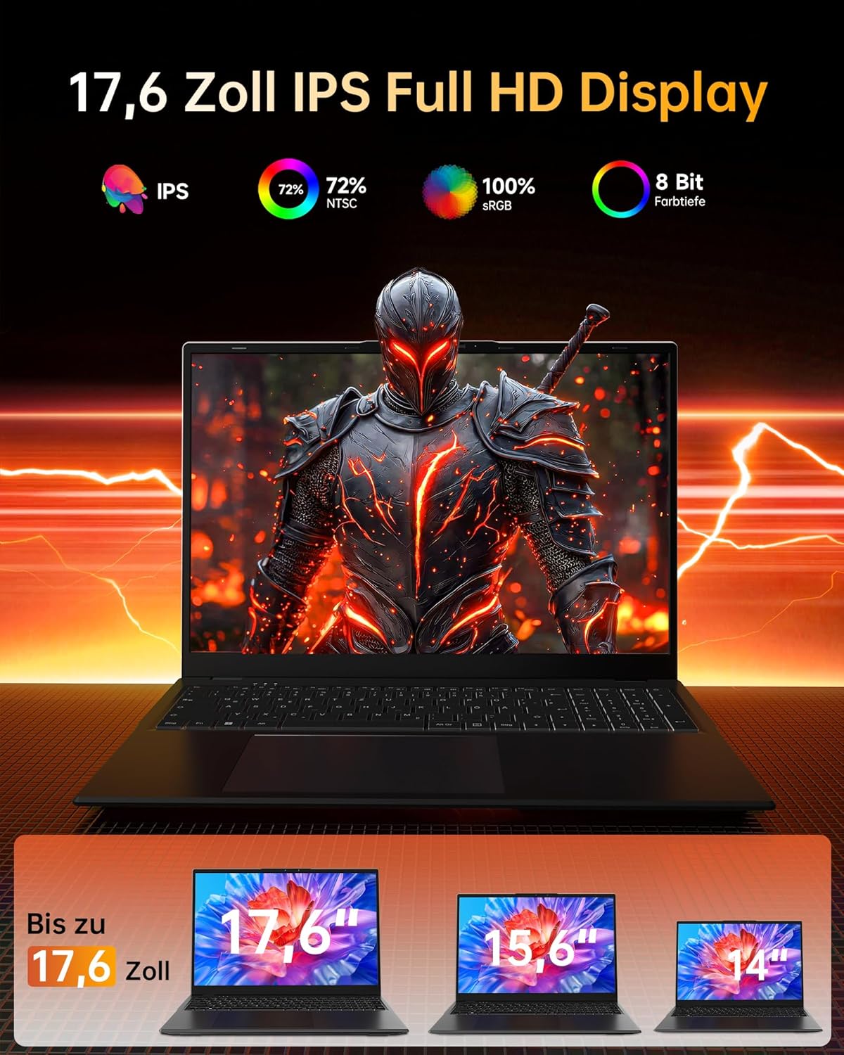 jumper Laptop 17.6 Inch 100% sRGB FHD Display, 16GB RAM 512GB SSD + 128GB eMMC, N95 CPU, QWERTZ Luminous Keyboard, WiFi 6, 7000mAh, Notebook for Students and Business – Bild 3