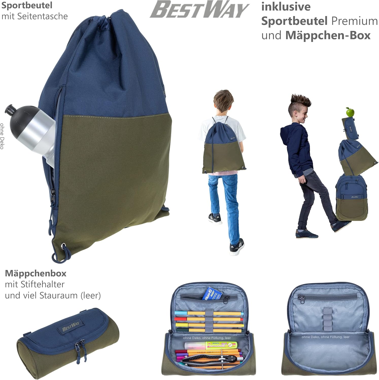 Bestway School Backpack Boys Girls 3-Piece Set Evolution Packer Evo School Folder Backpack School Bag Bag 40177 Sports Bag Pencil Case +rsm, Color Block Olive Blue 0626 – Bild 6