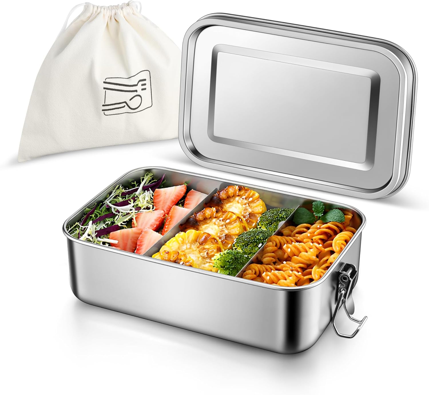 Homikit Stainless Steel Lunch Box with 2 Compartments, 1400 ml Bento Box with Bag for Children and Adults, Leak-Proof Lunch Box for School, Office and Travel, Dishwasher Safe