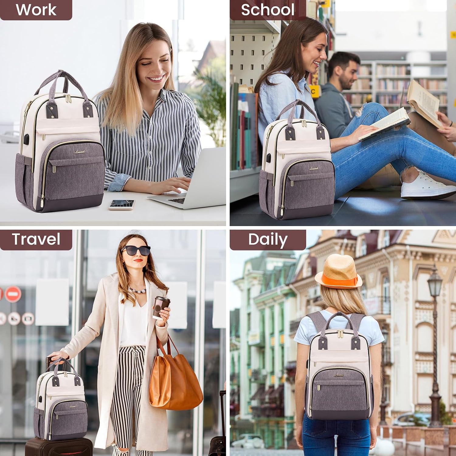 LOVEVOOK Women's Backpack, 15.6 Inch Laptop Backpack, School Backpack, Girls, Teenagers, Waterproof School Bag, Boys, Anti-Theft with Laptop Compartment for School, Travel, Business, Teachers, Beige – Bild 7