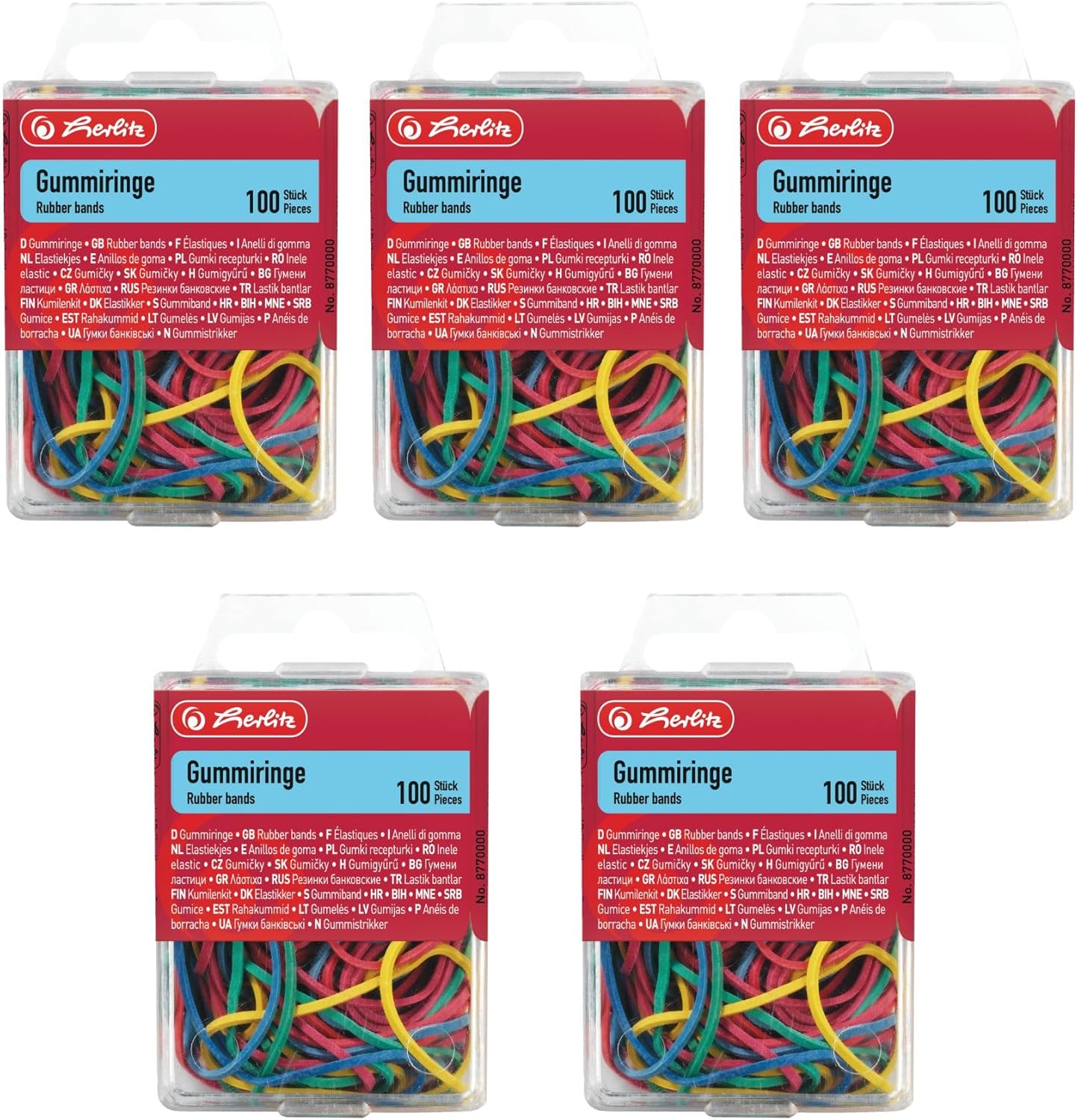 Herlitz 8770000 Rubber Rings 20-70 mm Diameter, 100 Pieces Assorted Colours in Hanging Box, 5 Boxes