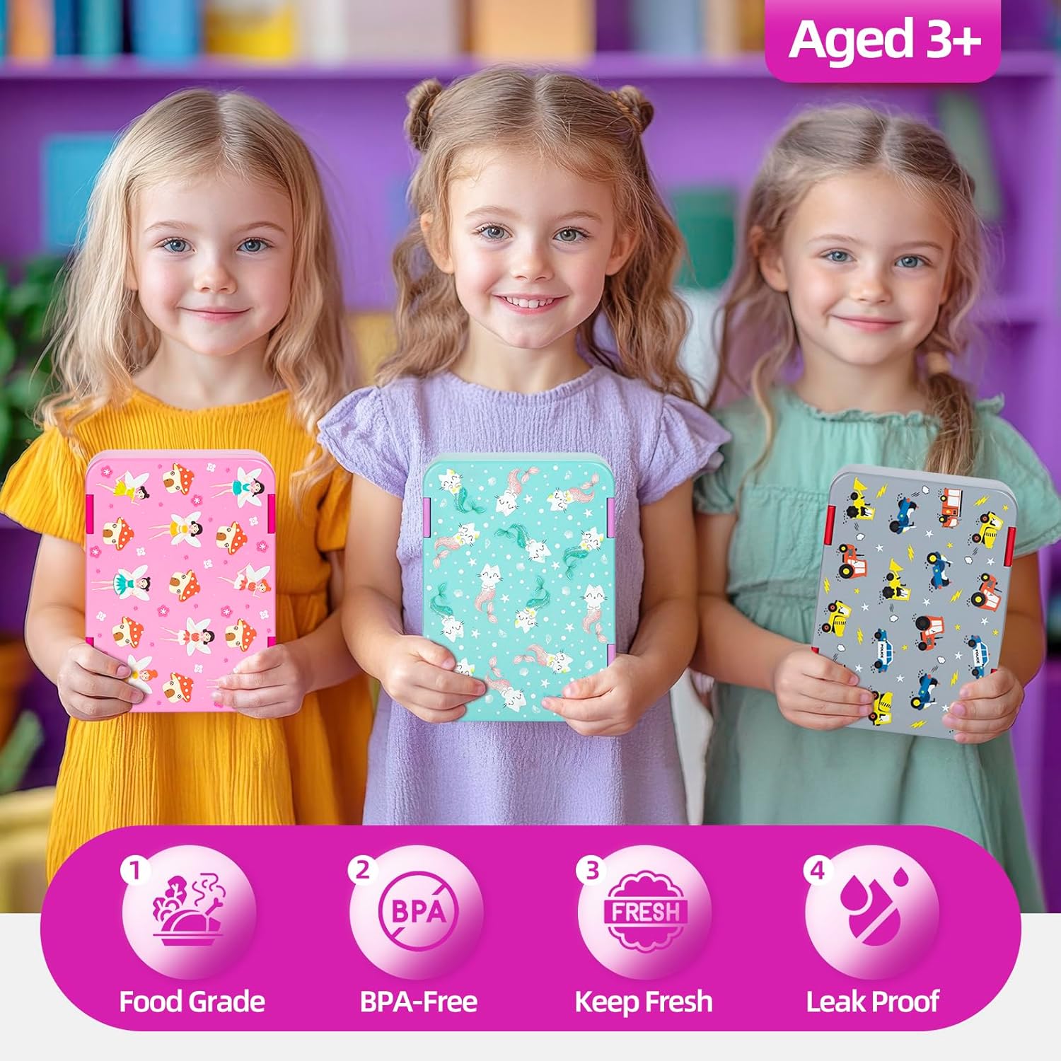 QCQHDU Children's Lunch Box with 5 Compartments - Lunch Box with Dividers, 1300 ml Bento Box for School, Nursery, Outdoor, Leakproof, Dishwasher Safe, BPA-Free, Food Container with Cutlery – Bild 6