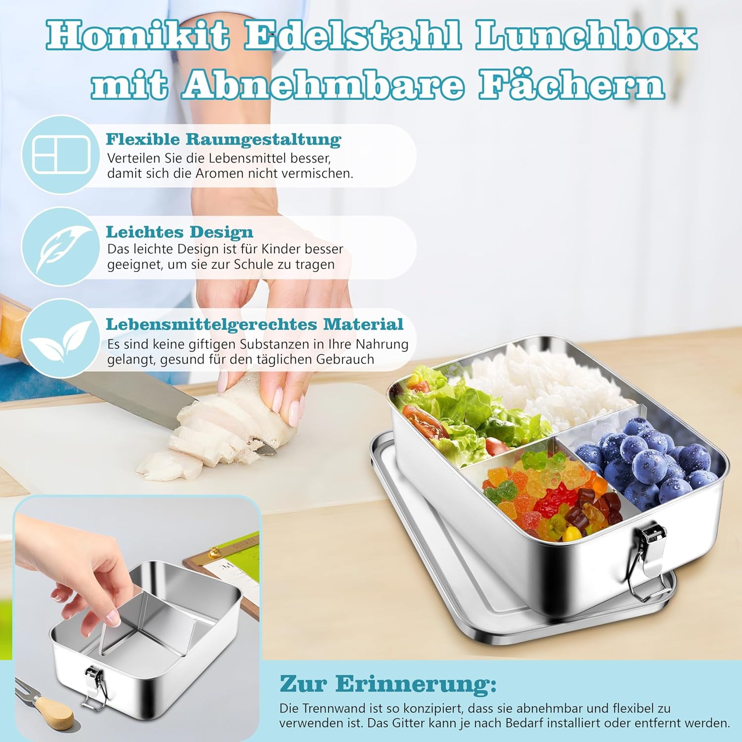 Homikit Lunch Box with Compartments, 850 ml Stainless Steel Bento Box Lunch Box for Children and Adults, Leak-Proof Metal Lunch Box with Sealing Ring for School, Office, Picnic, Dishwasher Safe – Bild 5