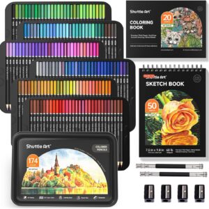 Shuttle Art 174 Colouring Pencils, Professional Soft Wax Based Colouring Pencils Set with 1 Colouring Book, 1 Sketchbook, 1 DIY Painting Sheet, 4 Sharpeners and 2 Pen Extenders, Suitable for Artists,
