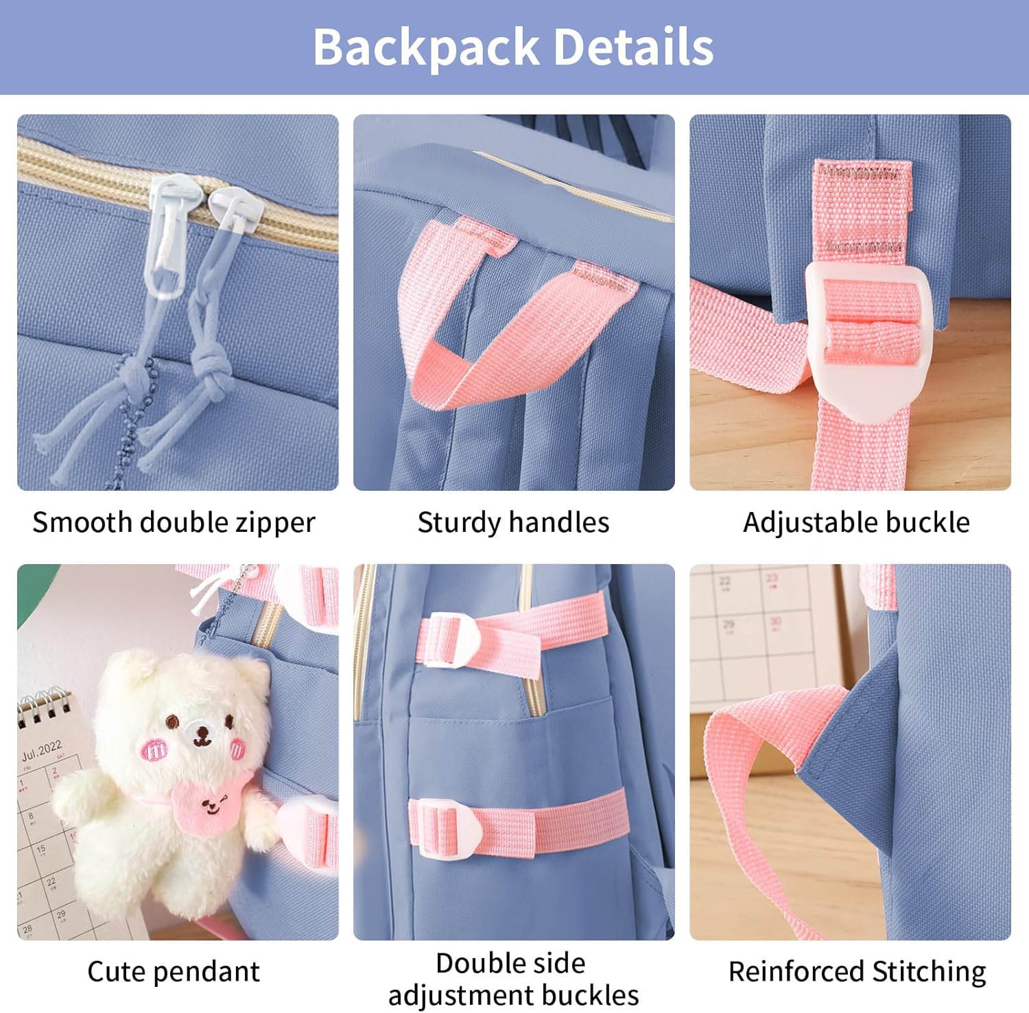 IvyH School Bag Set 5 Pieces School Bag Girls Backpack School Teenager School Backpack for Girls 3rd to 7th Grade School Bag Set with Shopping Bag Pencil Case Neck Pouch, 45cm, 8583# Blue, Backpack – Bild 4