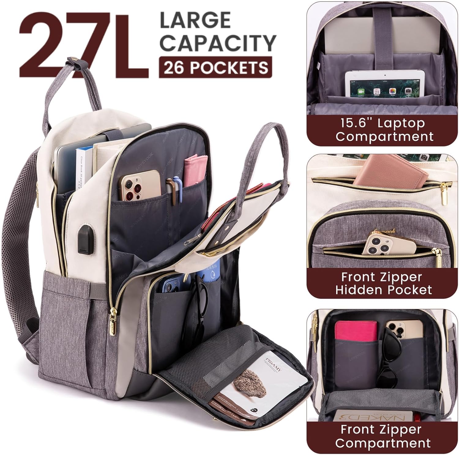 LOVEVOOK Women's Backpack, 15.6 Inch Laptop Backpack, School Backpack, Girls, Teenagers, Waterproof School Bag, Boys, Anti-Theft with Laptop Compartment for School, Travel, Business, Teachers, Beige – Bild 3