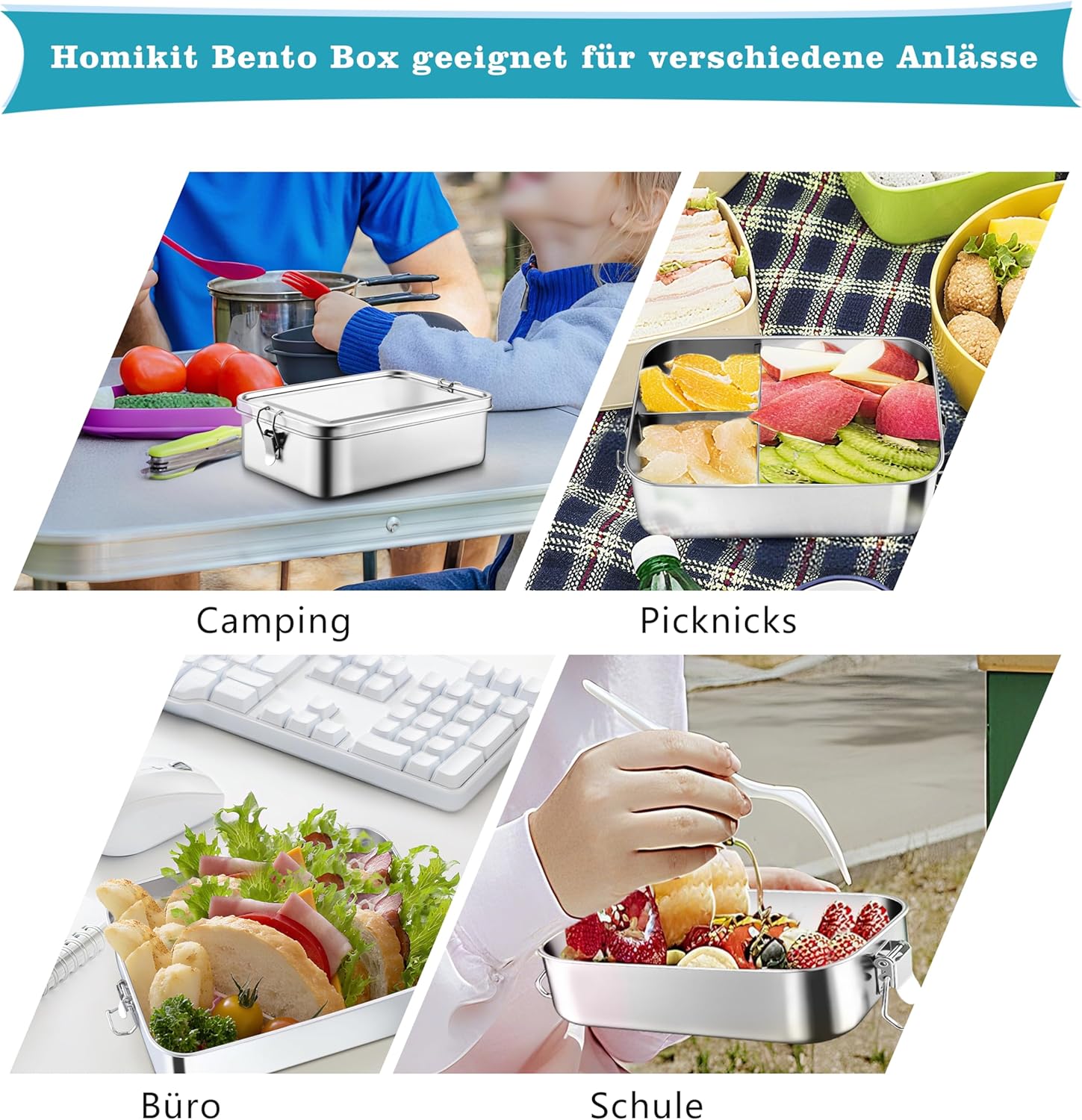 Homikit Lunch Box with Compartments, 850 ml Stainless Steel Bento Box Lunch Box for Children and Adults, Leak-Proof Metal Lunch Box with Sealing Ring for School, Office, Picnic, Dishwasher Safe – Bild 7