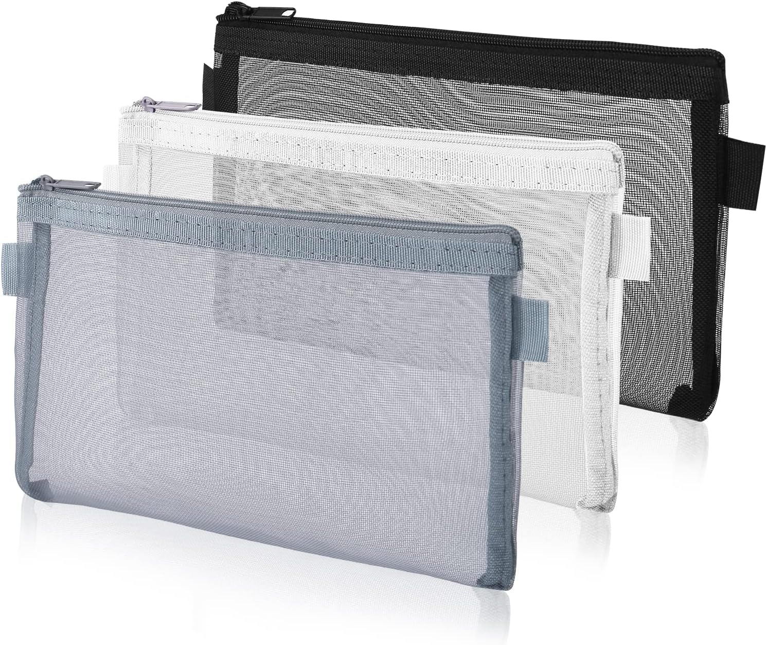 Pack of 3 Transparent Pencil Case Nylon Mesh Zip Mesh Zip Pouch Pen Case Clear Exam Pencil Pouch Portable Stationery Case for School Office Supplies Cosmetic Storage Bag, Black / White / Grey