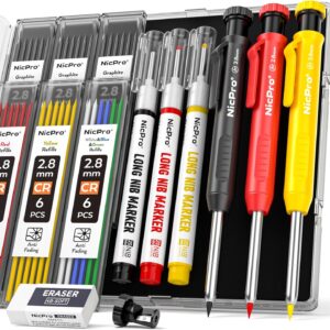 Nicpro 3 Pack CP1000 Carpenter’s Pencils with Sharpener, Mechanical Pencils with 39 Leads, Deep Hole Marker with Long Tip for Construction, Heavy Duty Pencil Construction Site for Architect Marking