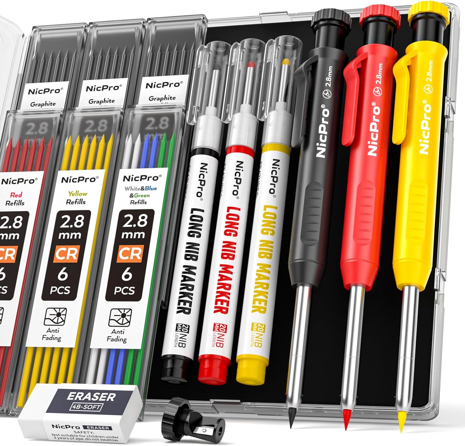 Nicpro 3 Pack CP1000 Carpenter's Pencils with Sharpener, Mechanical Pencils with 39 Leads, Deep Hole Marker with Long Tip for Construction, Heavy Duty Pencil Construction Site for Architect Marking