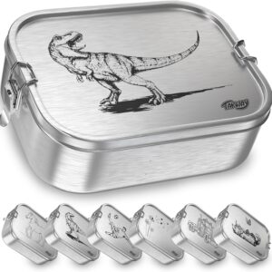 Children’s Stainless Steel Lunch Box with Compartments, 800 ml, Leakproof Bento Box, Adjustable, Snack Box, Lunch Box, Nursery, School (Dino, 3 Compartments)