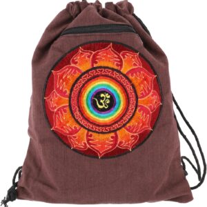 GURU SHOP Embroidered Gym Bag, Backpack, Sports Bag, Leisure Bag, Goa Bag, Hippie Bag - Black/Rainbow/OM, Men/Women, Cotton, 45 x 35 x 15 cm, Unusual Fabric Bag