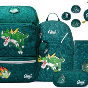 School Bag Set 6 Pieces Ergonomic Ultralight School Bag Girls Boys Children School Backpack Primary School Bags 1-4th Class Backpack 22 L, Dinosaur Green-6-Piece, Rucksack