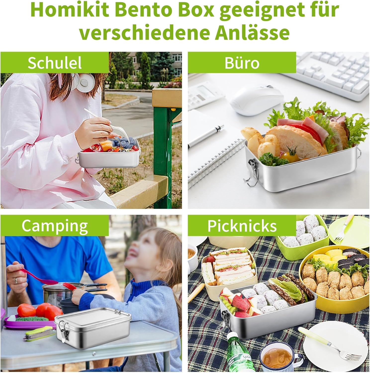 Homikit Stainless Steel Lunch Box with 2 Compartments, 1400 ml Bento Box with Bag for Children and Adults, Leak-Proof Lunch Box for School, Office and Travel, Dishwasher Safe – Bild 6