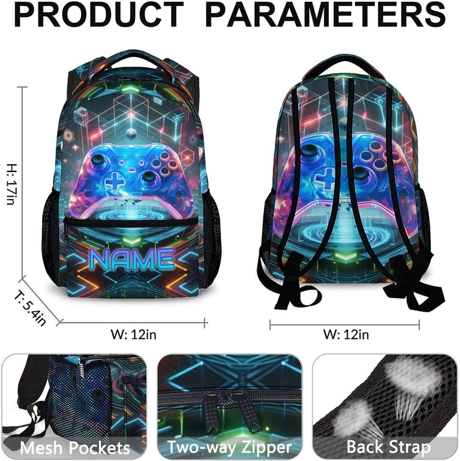 Personalised Gamer School Backpack with Name - Gaming Backpack for Children with Controller Design, Individual School Bag for School, Travel and Leisure – Bild 3