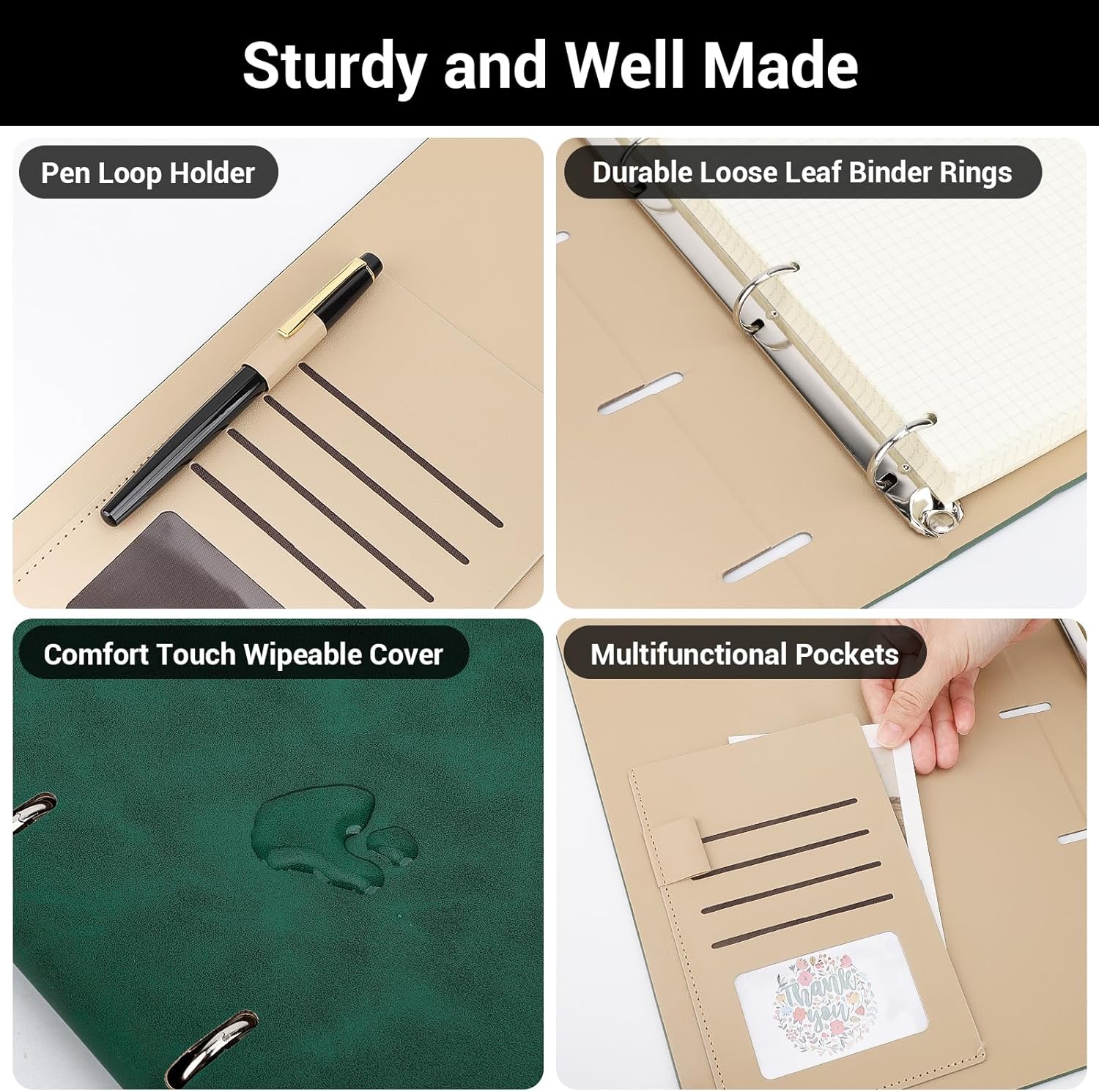 A4 Leather Notebook - Ring Binder Notebook A4 Checked - 21.5 x 28 cm Refillable Ring Binder Notebook - 100 GSM Checked 5 mm Notepad - 150 Sheets Loose Leaf Leather PU Notebook, Green – Bild 5