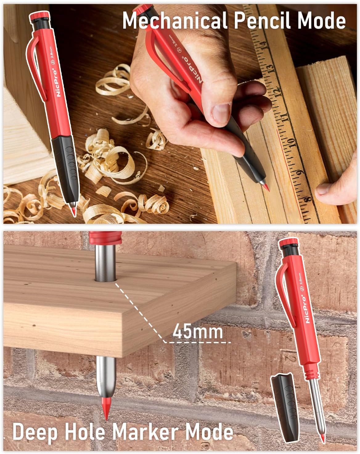 Nicpro Carpenter's Pencils, 6 Solid Carpenters Pencils with 54 Refills and Mini Spirit Level, Deep Hole Marker with Built-in Sharpener, Mechanical Pencil Construction Site for Woodworking – Bild 3
