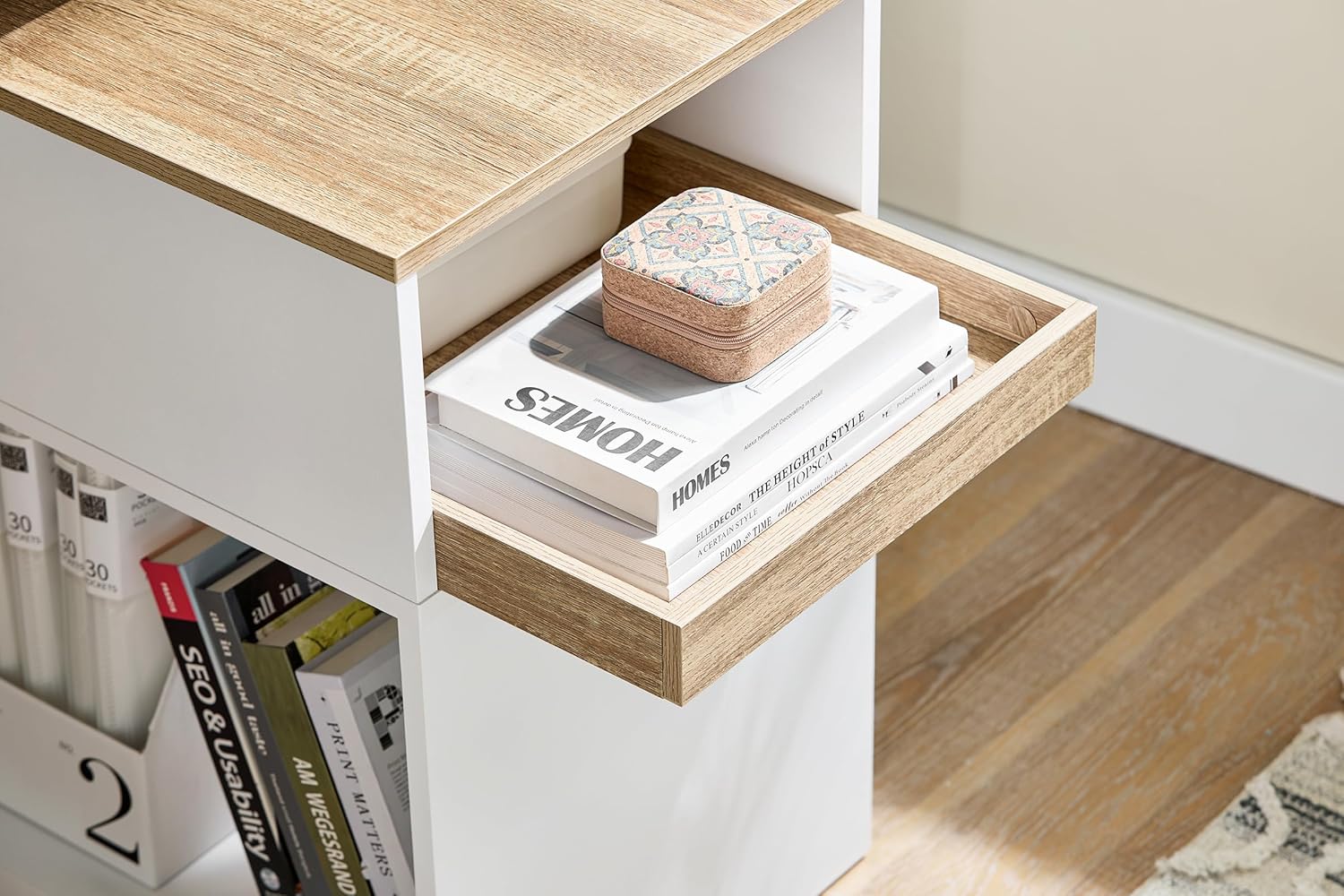 SoBuy ASK08-WN Printer Table with Wheels - Hidden Wheels, 3 Compartments, Rolling Container Desk for Office, Home Office and Study, with Removable Drawer, White / Natural W x H x D x H x D x H x D x H – Bild 7