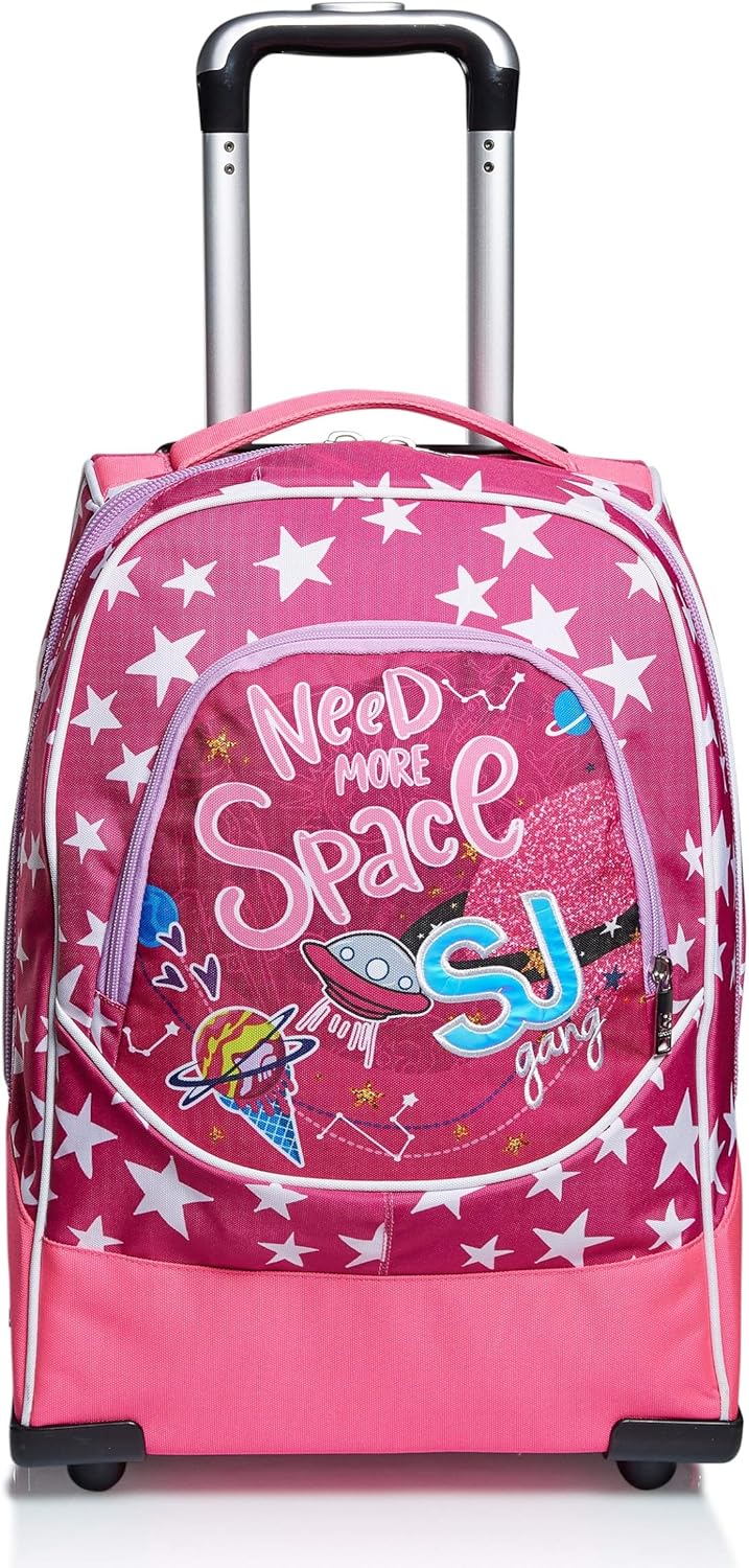 SJ Kids Trolley Backpack 2 in 1 School Bag with Wheels 1st Class for School, Elementary, Travel & Leisure, Girls & Boys, Multi-Colour, Fuchsia, School & Leisure Time