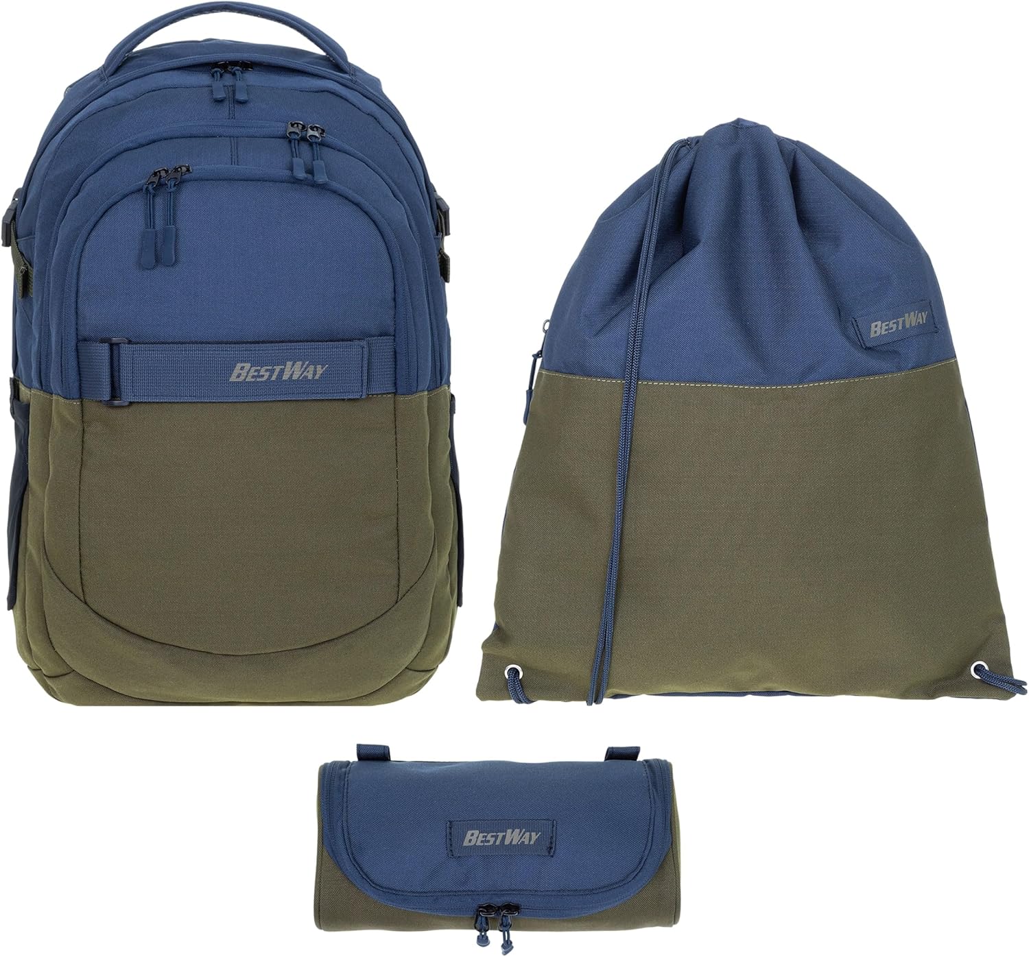 Bestway School Backpack Boys Girls 3-Piece Set Evolution Packer Evo School Folder Backpack School Bag Bag 40177 Sports Bag Pencil Case +rsm, Color Block Olive Blue 0626