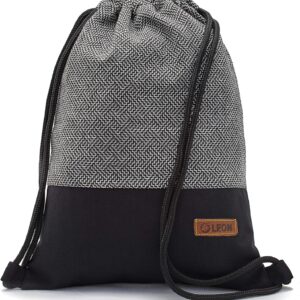 LEON Gym Bag with Inner Pockets Zip Backpack Bag Women's Men’s Gym Bag Draw String Black