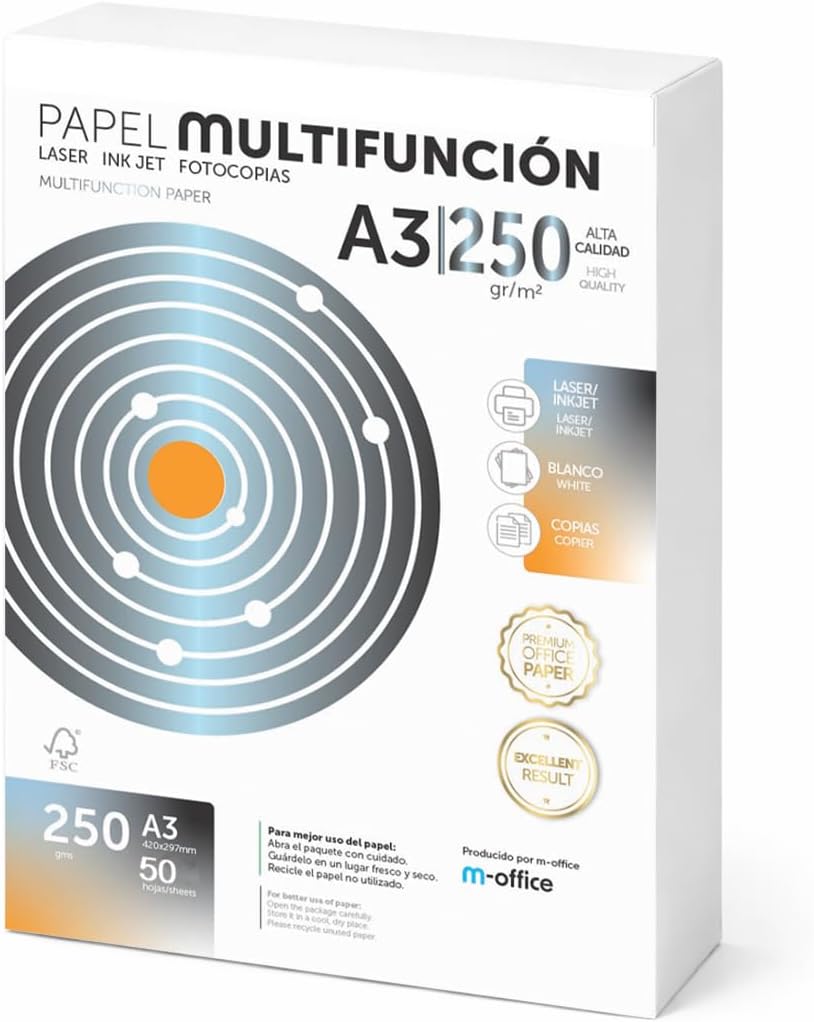 A3 Papier 250g 50 Blatt, Multifunktionspapier für Laser- und Tintenstrahldrucker, Kopierer, für Büro- und Schulbedarf, m-office Paket (50 Blatt 250g)