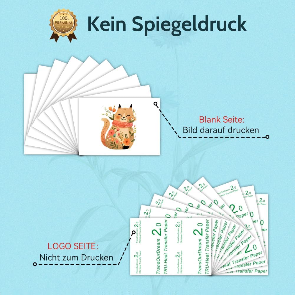 TransOurDream 40 x A4 + 4 A3 Silicone Paper, Real Inkjet / Laser Transfer Film, Textile Film for Inkjet Printers, Laser Printers, Printable Iron-On Film for Light T-Shirts, Transfer Paper – Bild 6