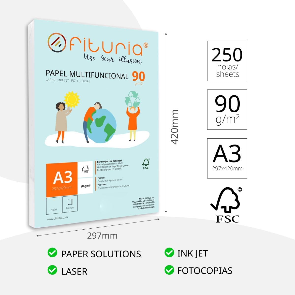 Pack of 250 White A3 Sheets 90g Printer Paper Multifunctional Copier Paper for School and Office Ideal for Laser Printers, Inkjet Printers or Copiers - Ofituria – Bild 2